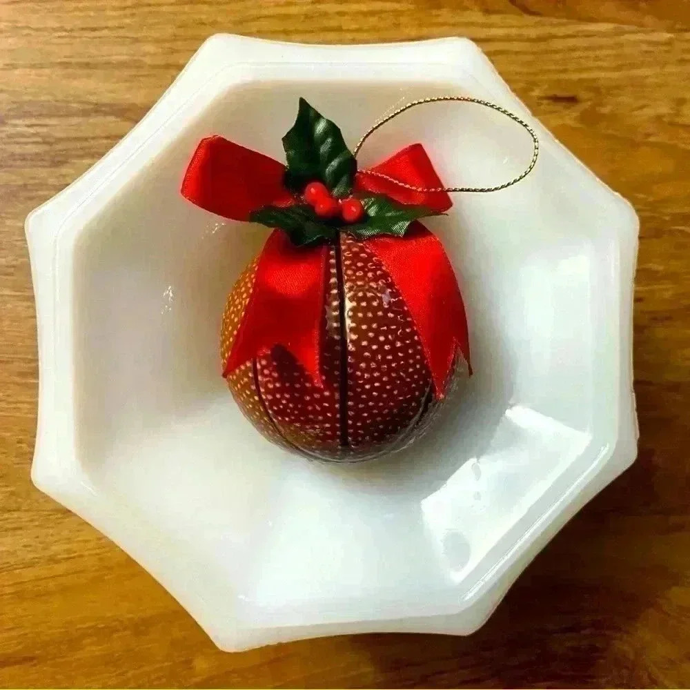 Christmas basketBall ornament heavy glass/ceramic brown with red ribbon 2.5‎ in